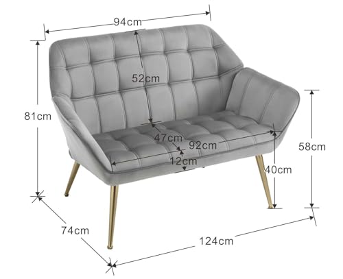 Gray Velvet 2-Seater Sofa with Gold Legs