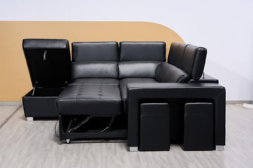 Black L-Shaped Sofa Bed with Storage & Stools