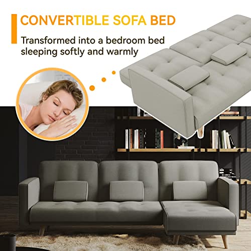 Elegant Grey L-Shaped Sofa Bed with Wooden Legs