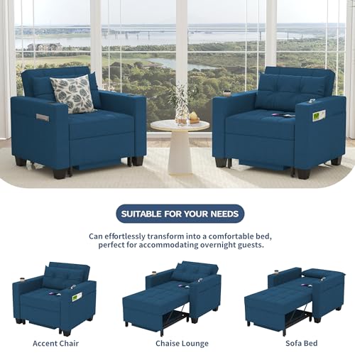 Convertible Sleeper Armchair with USB Ports - Navy Blue