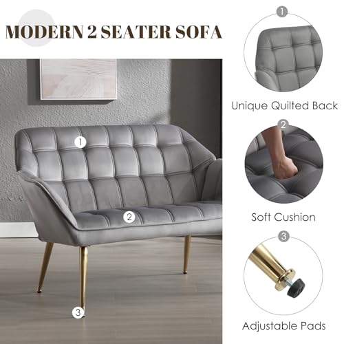 Gray Velvet 2-Seater Sofa with Gold Legs
