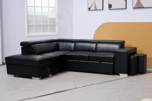 Black L-Shaped Sofa Bed with Storage & Stools