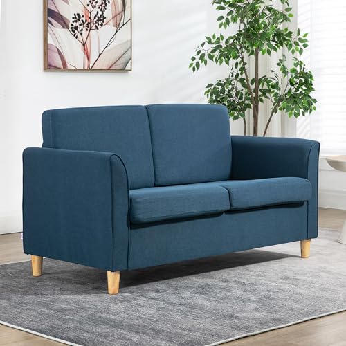 Compact Blue Loveseat Sofa with Wood Legs