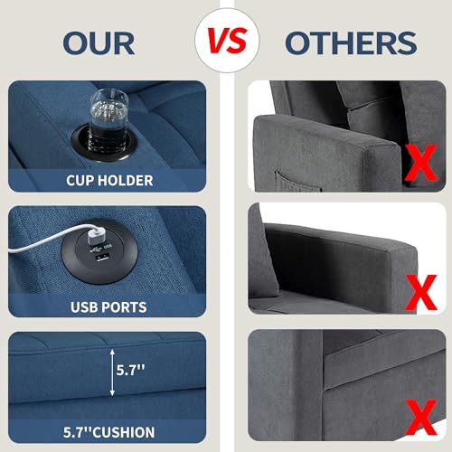 Convertible Sleeper Armchair with USB Ports - Navy Blue