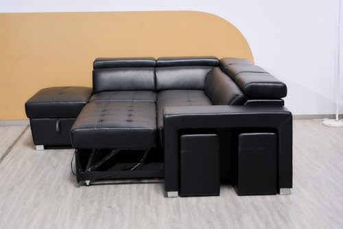 Black L-Shaped Sofa Bed with Storage & Stools