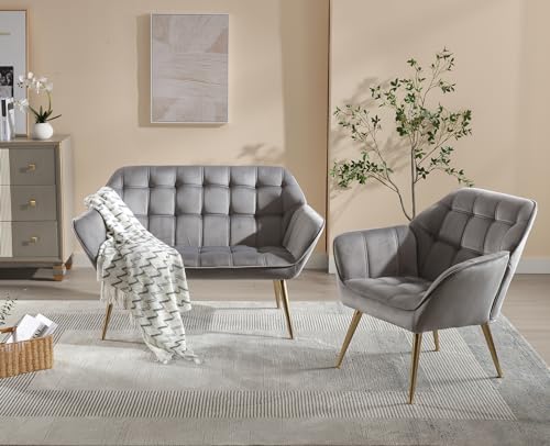 Gray Velvet 2-Seater Sofa with Gold Legs