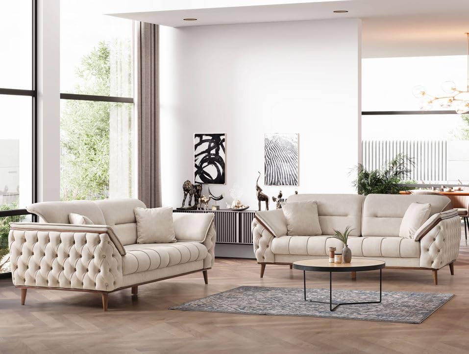 Chesterfield Cream Brown Leather Sofa Set