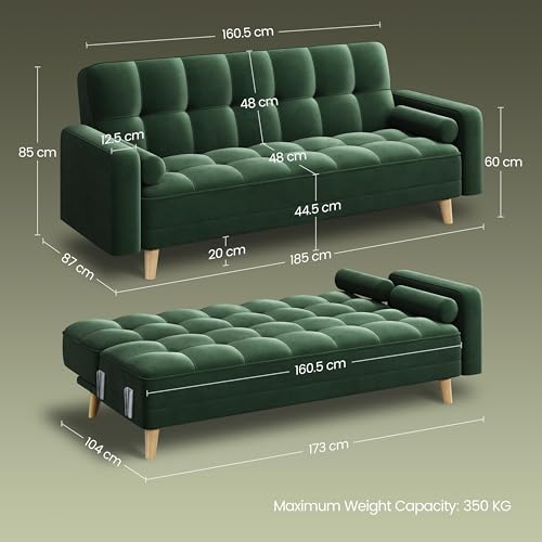 Modern Velvet 3-Seater Click Clack Sofa - Green