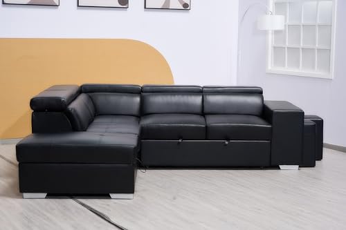Black L-Shaped Sofa Bed with Storage & Stools