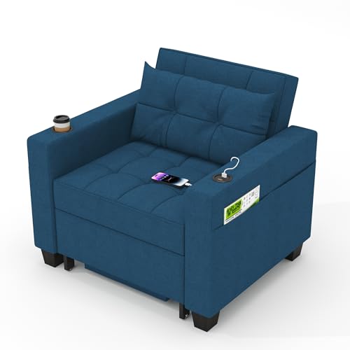 Convertible Sleeper Armchair with USB Ports - Navy Blue
