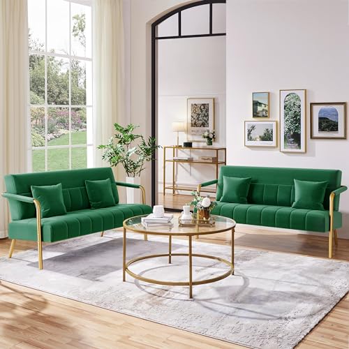 Elegant Green Velvet 2-Seater Loveseat with Gold Accents