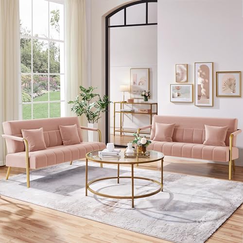 Pink Velvet 2-Seater Sofa with Gold Metal Legs