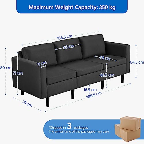 Modern Black 3-Seater Fabric Sofa Couch