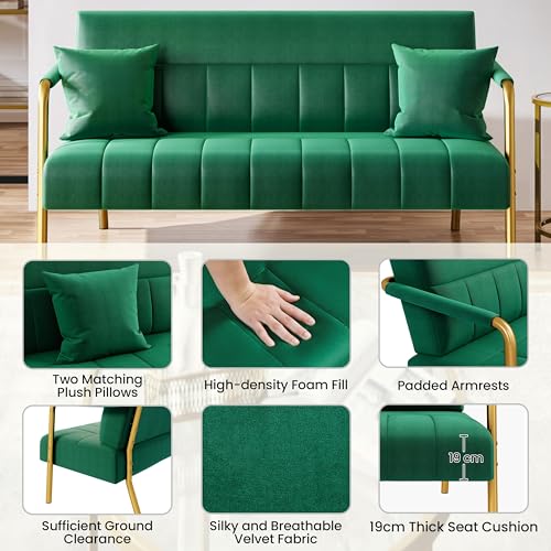 Elegant Green Velvet 2-Seater Loveseat with Gold Accents