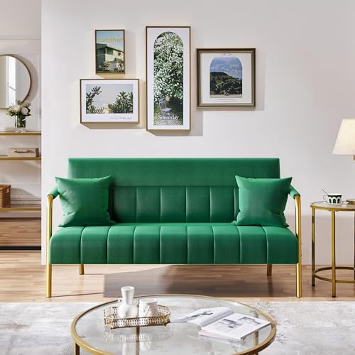 Elegant Green Velvet 2-Seater Loveseat with Gold Accents