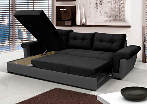 Black Fabric and Grey Leather Corner Sofa Bed