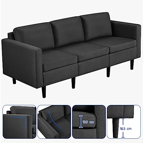 Modern Black 3-Seater Fabric Sofa Couch