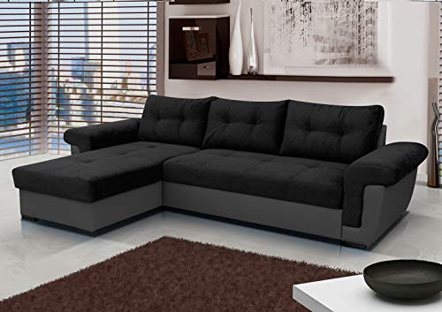 Black Fabric and Grey Leather Corner Sofa Bed