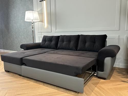 Black Fabric and Grey Leather Corner Sofa Bed
