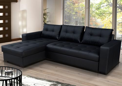 L-Shaped Black Faux Leather Sofa Bed with Storage