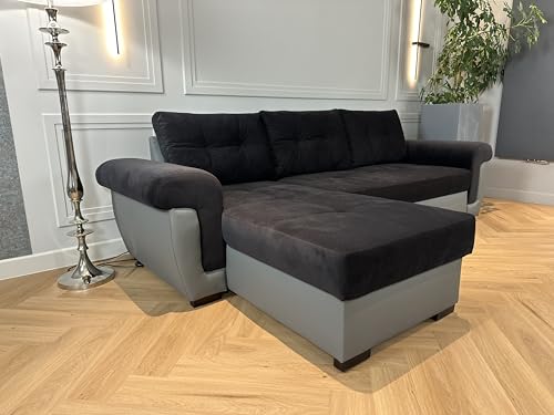 Black Fabric and Grey Leather Corner Sofa Bed