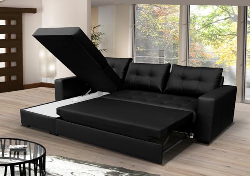L-Shaped Black Faux Leather Sofa Bed with Storage
