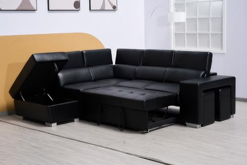 Modern Black L-Shaped Sofa Bed with Storage