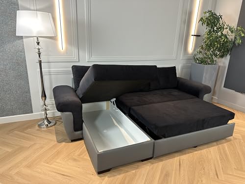 Black Fabric and Grey Leather Corner Sofa Bed