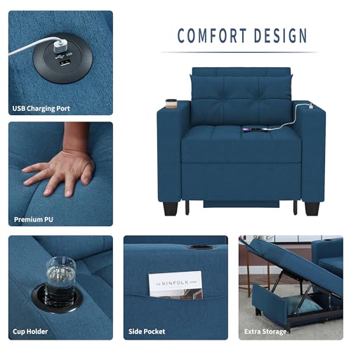Navy Blue Modern Recliner Chair with USB Port