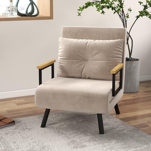 Convertible Velvet Chair Bed Settee in Beige