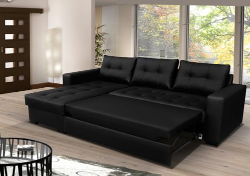 L-Shaped Black Faux Leather Sofa Bed with Storage