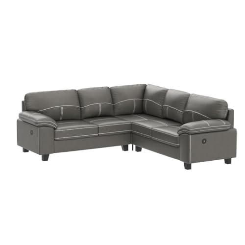 Dark Grey Leather Corner Sofa with USB Ports