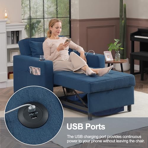 Navy Blue Modern Recliner Chair with USB Port