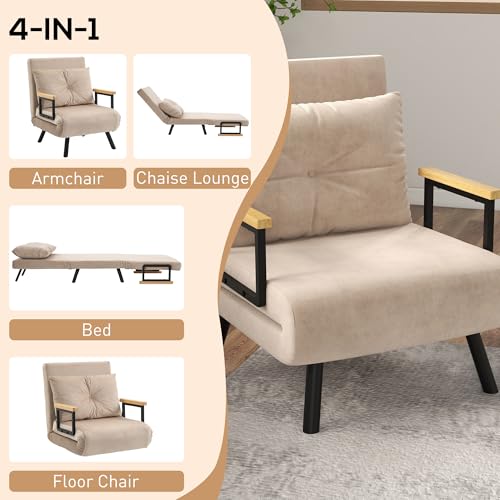 Convertible Velvet Chair Bed Settee in Beige