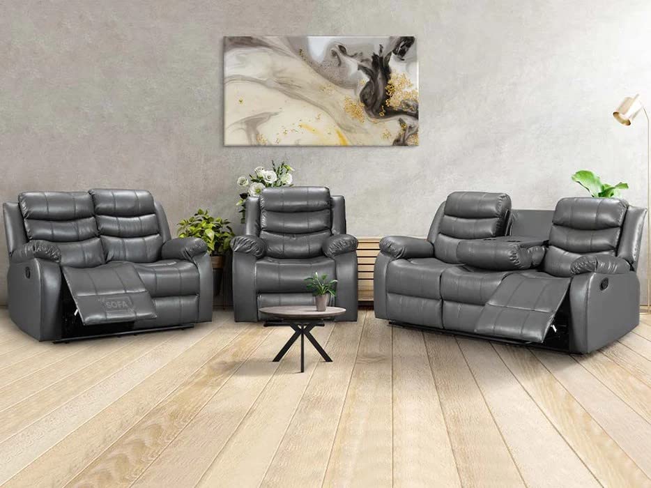 Roma Grey Leather Recliner Sofa Set - 3 Pieces