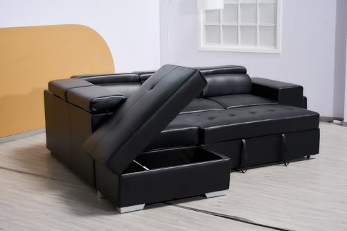 Modern Black L-Shaped Sofa Bed with Storage