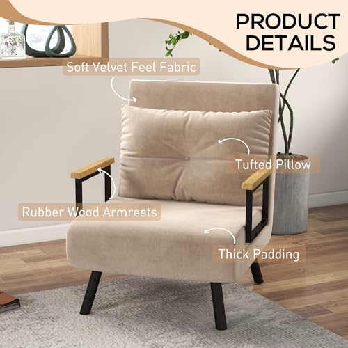 Convertible Velvet Chair Bed Settee in Beige