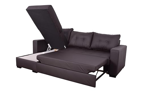 L-Shaped Black Faux Leather Sofa Bed with Storage