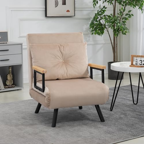 Convertible Velvet Chair Bed Settee in Beige