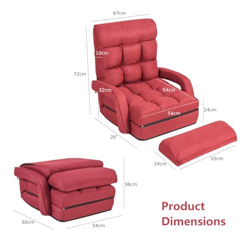 Adjustable Folding Sofa Bed with Armrests - Red
