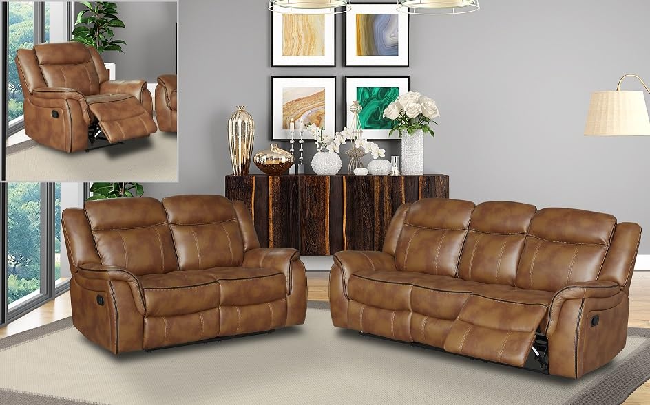 Tan Brown Leather Gel Reclining Sofa Suite