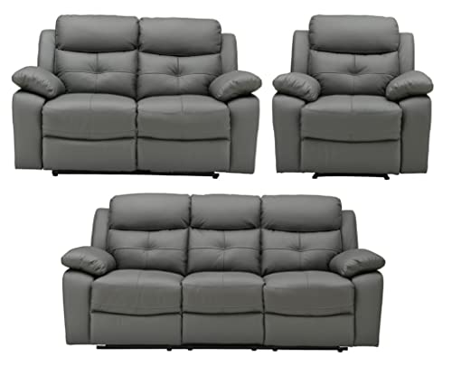 Chic Dark Grey Leather Reclining Sofa Suite