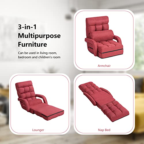 Adjustable Folding Sofa Bed with Armrests - Red