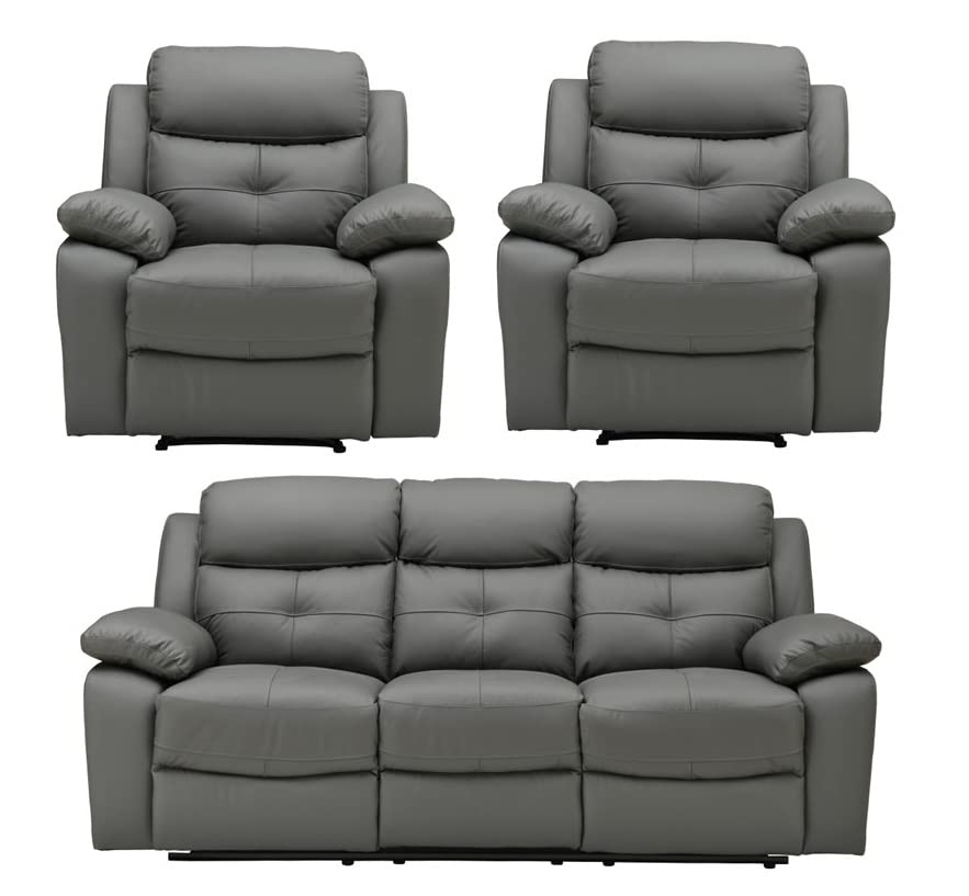 Dark Grey Leather Reclining 3-Seater Sofa Set
