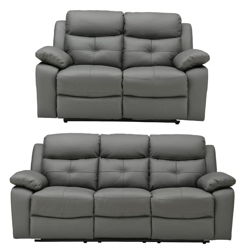 Dark Grey Leather Manual Reclining Sofa Suite