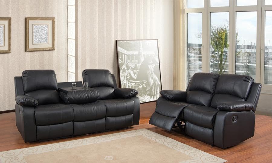 Valencia Leather Recliner Sofa with Cupholders - Black