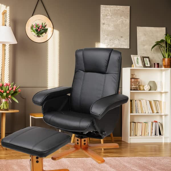 Black Faux Leather Reclining Armchair with Foot Stool