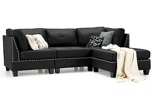 Modern Black L-Shaped 3-Seater Sofa with Footstool
