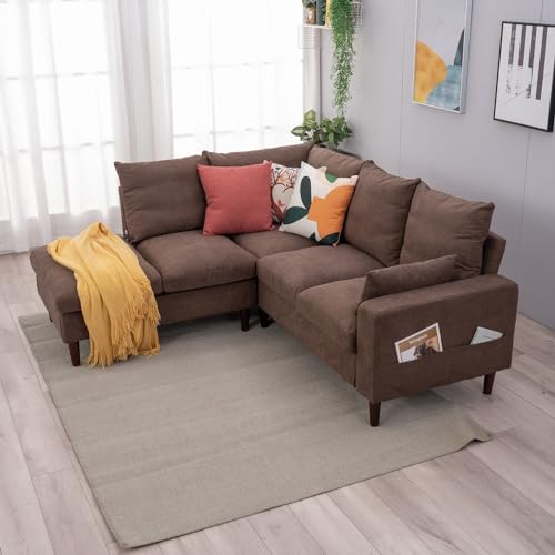 Brown Linen L-Shaped Sectional Sofa with USB Port