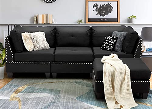 Modern Black L-Shaped 3-Seater Sofa with Footstool